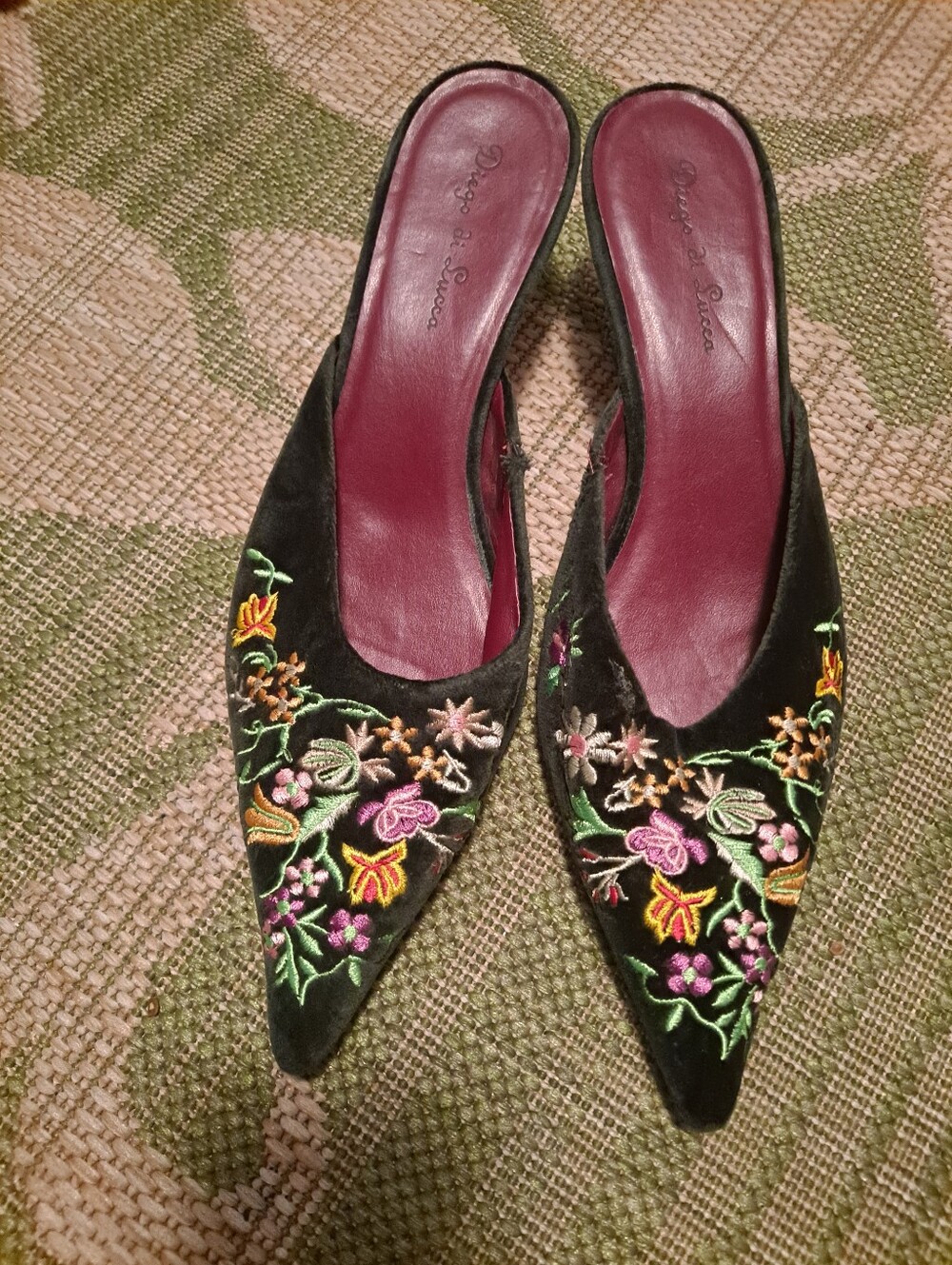 Diego Di Lucca Embroidered Black Pointed Toe Slip-On Mules - Women
